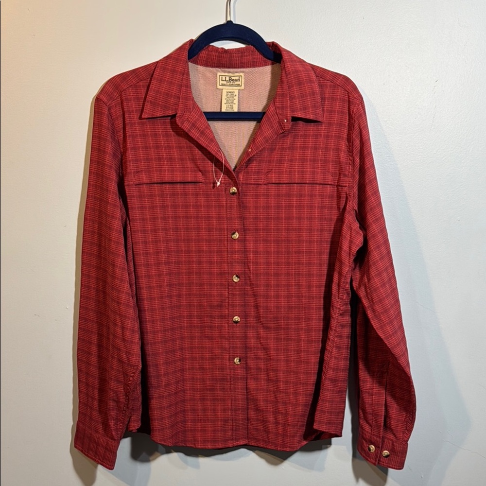 LLBEAN  Plaid Button-Up Shirt women’s quick dry size L NWOT